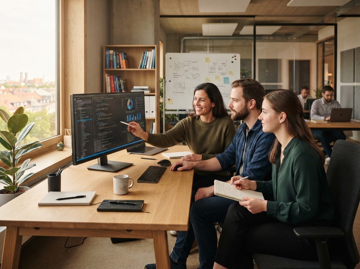 Logic Lidex Lab team reviewing predictive analytics on a laptop